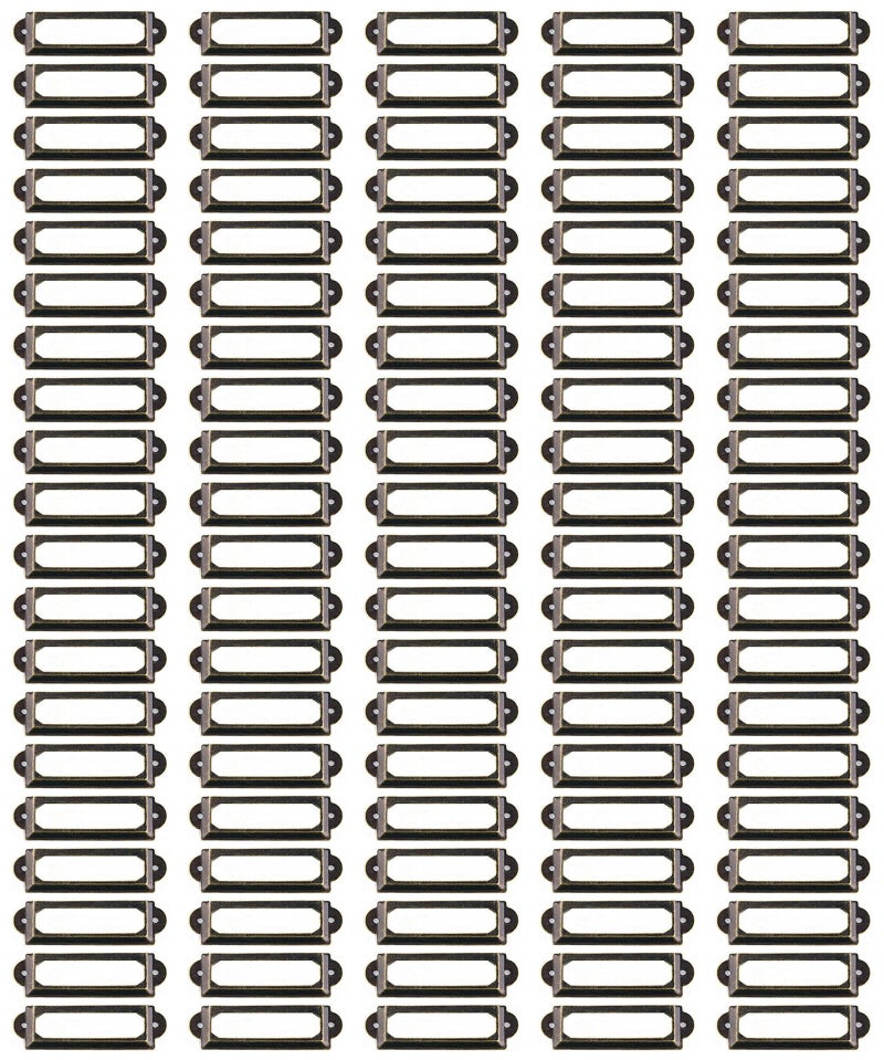 WEICHUAN 100Pcs 1.7cm x6cm Antique Brass Label Holders Iron Card Frame with Screws for Office Library Cabinet Shelves Drawer Name Plates Storage Bins File Drawer - Image 1